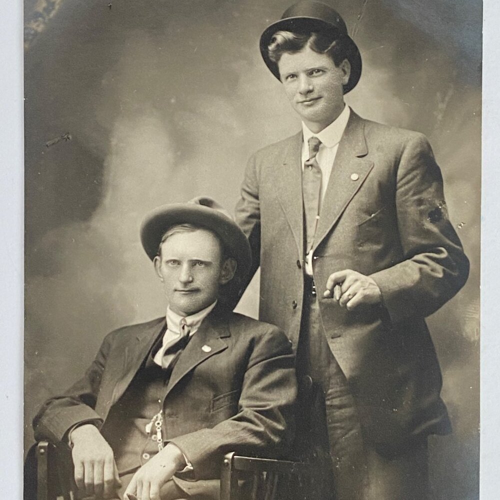 c1910 RPPC 2 Young Men Suits Fedora Bowler Hats Studio Real Photo Postcard CyKo